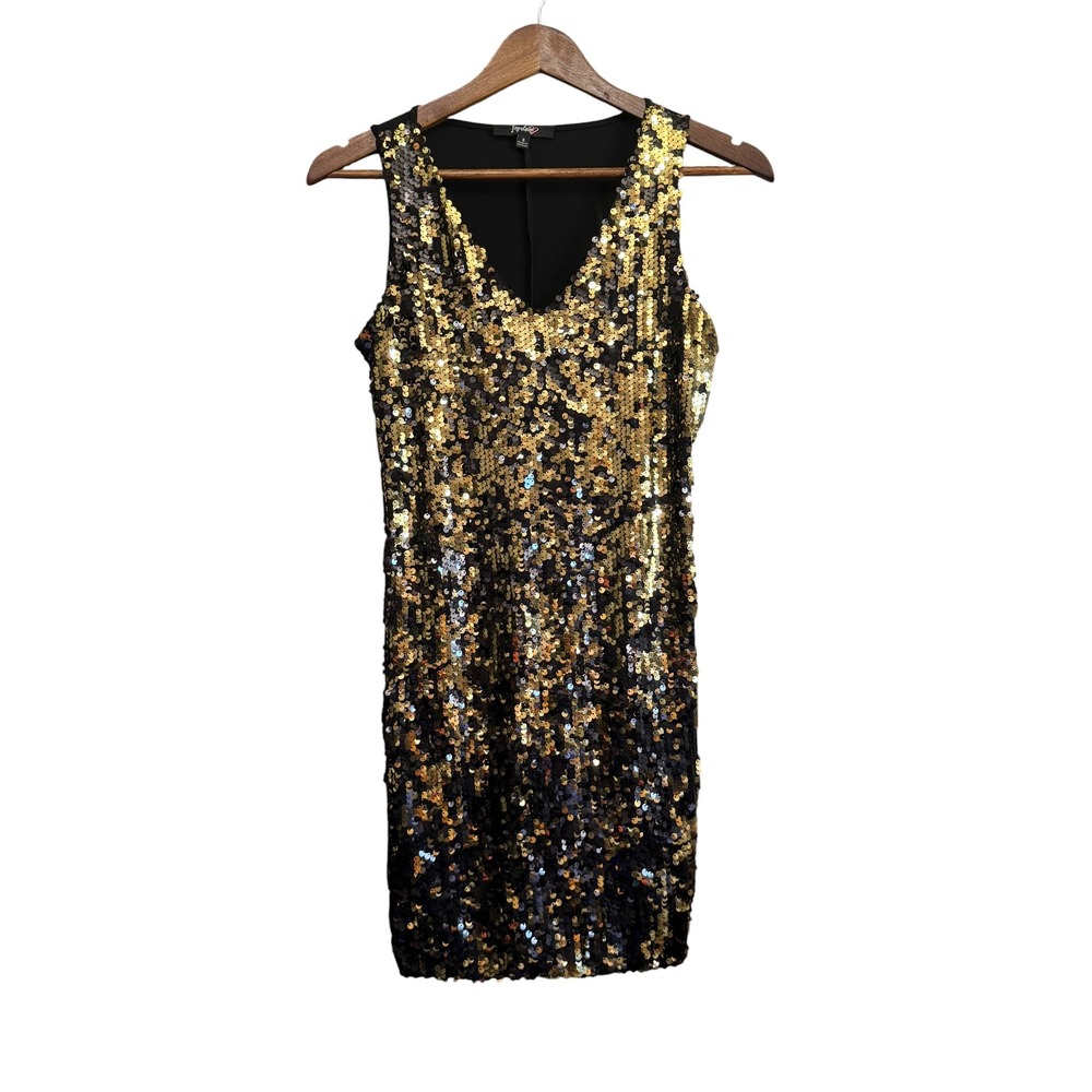 Impulsive Sequin Front Dress Womens S Gold Black Excellent V-Neck Sleeveless